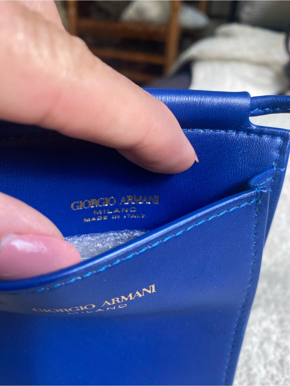Giorgio Armani Cobalt Blue Leather Card & Phone Sleeve with Gold Logo - Picture 3 of 7